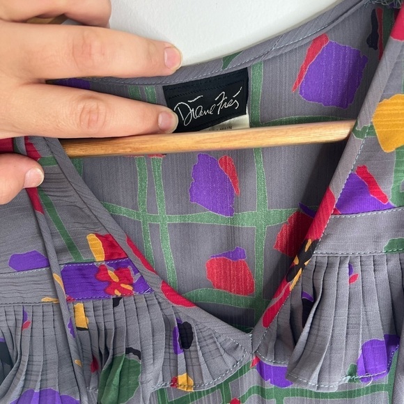 Vintage 80s Diane Freis Georgette Dress L XL Long Sleeves Gray Geometric Pattern - Picture 6 of 14